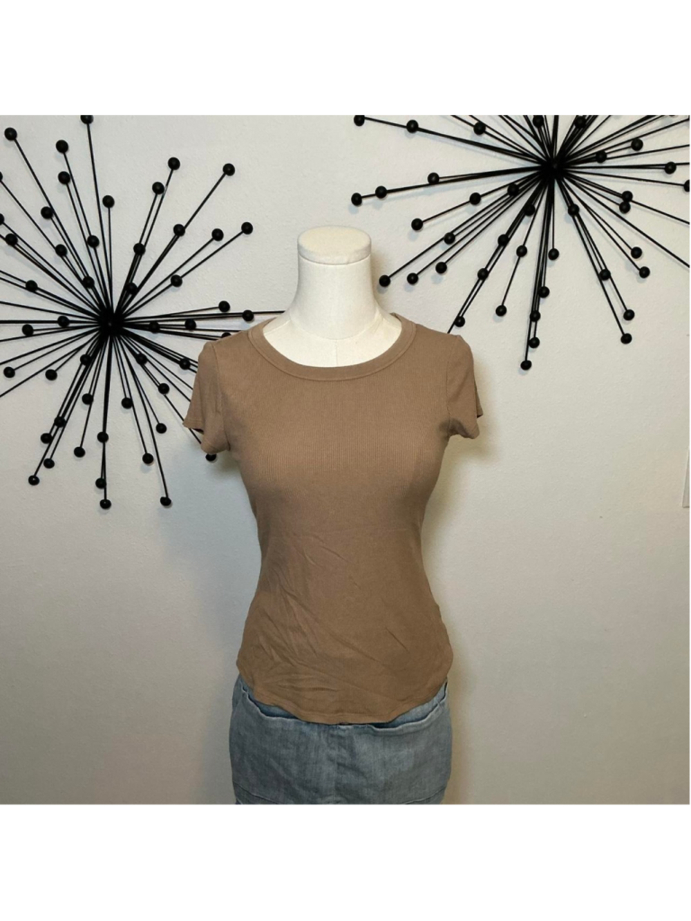 American Eagle Soft & Sexy Rib Tee Tan Fitted Crew Neck Top XS